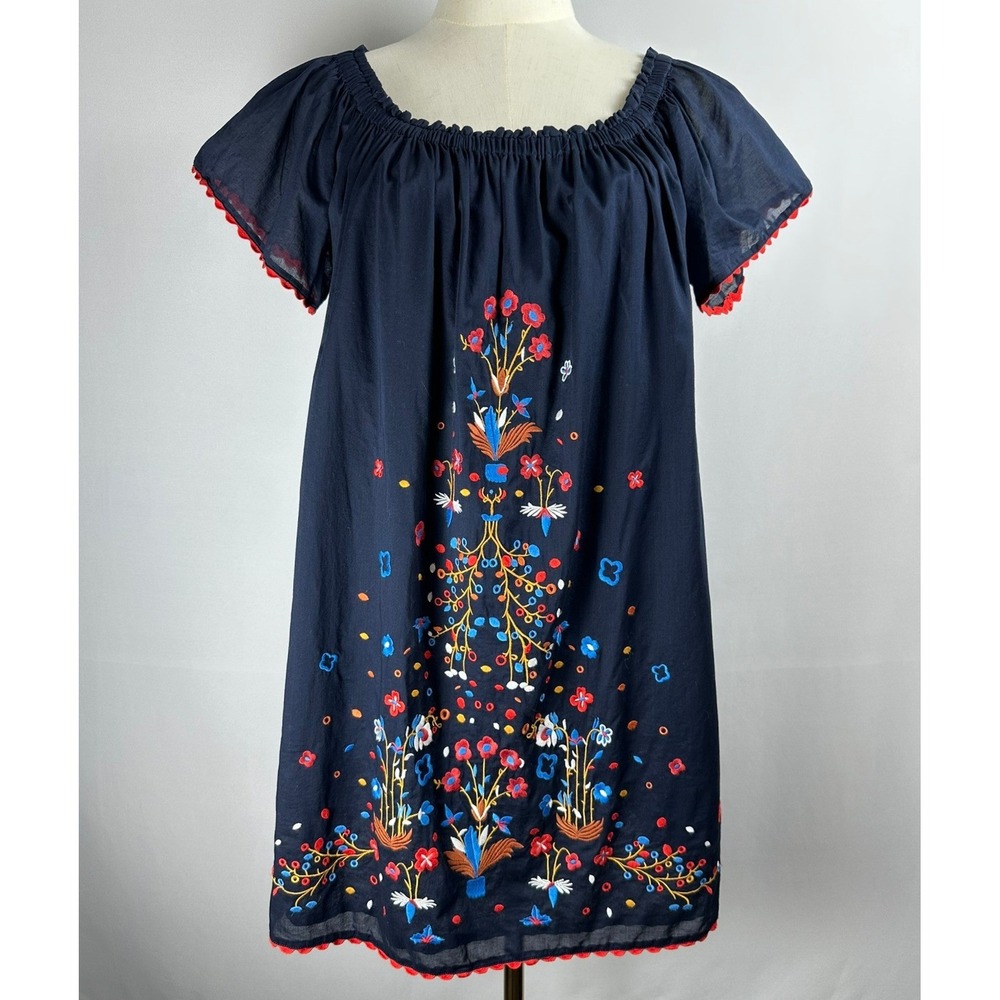 Tory Burch Floral Embroidered Peasant Shift Dress M Navy Blue Cotton Boho Folk